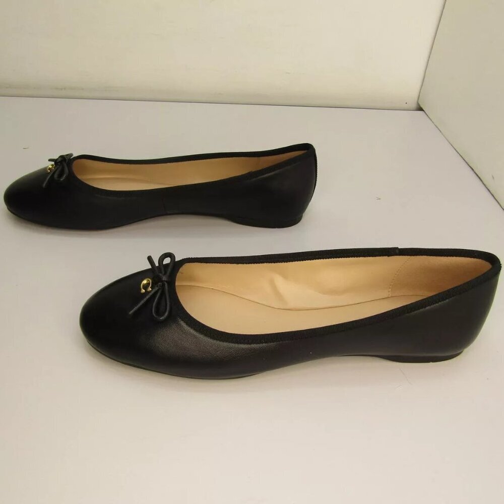 Coach Black Leather Ballet Flats with Gold 'C' Bow Accent - Picture 2 of 7